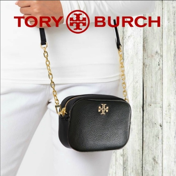 Tory Burch Logo Round Crossbody Purse Black Gold - Picture 2 of 8